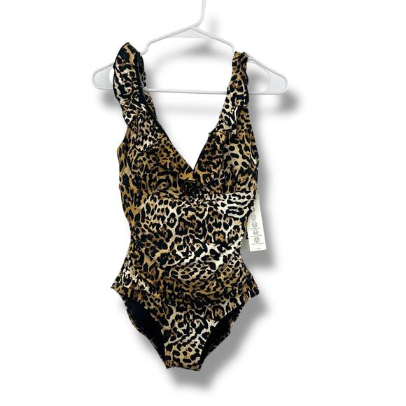 NEW DKNY Cheetah Print One Piece Swimsuit Size Small Ruffle V-Neck Leopard Swim - Picture 2 of 11